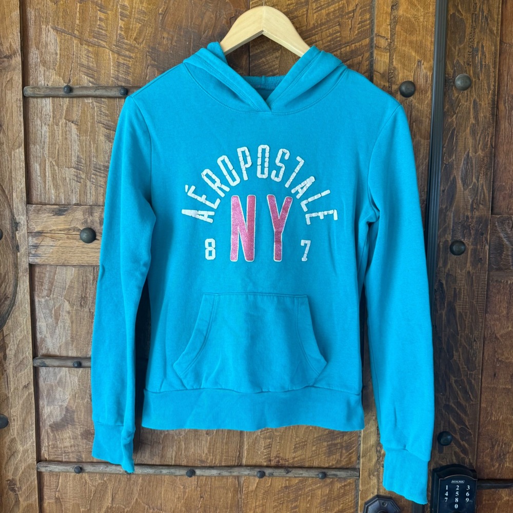 Vintage 2000s Aeropostale Hoodie Size S Blue Teal Graphic Pullover Y2K McBling